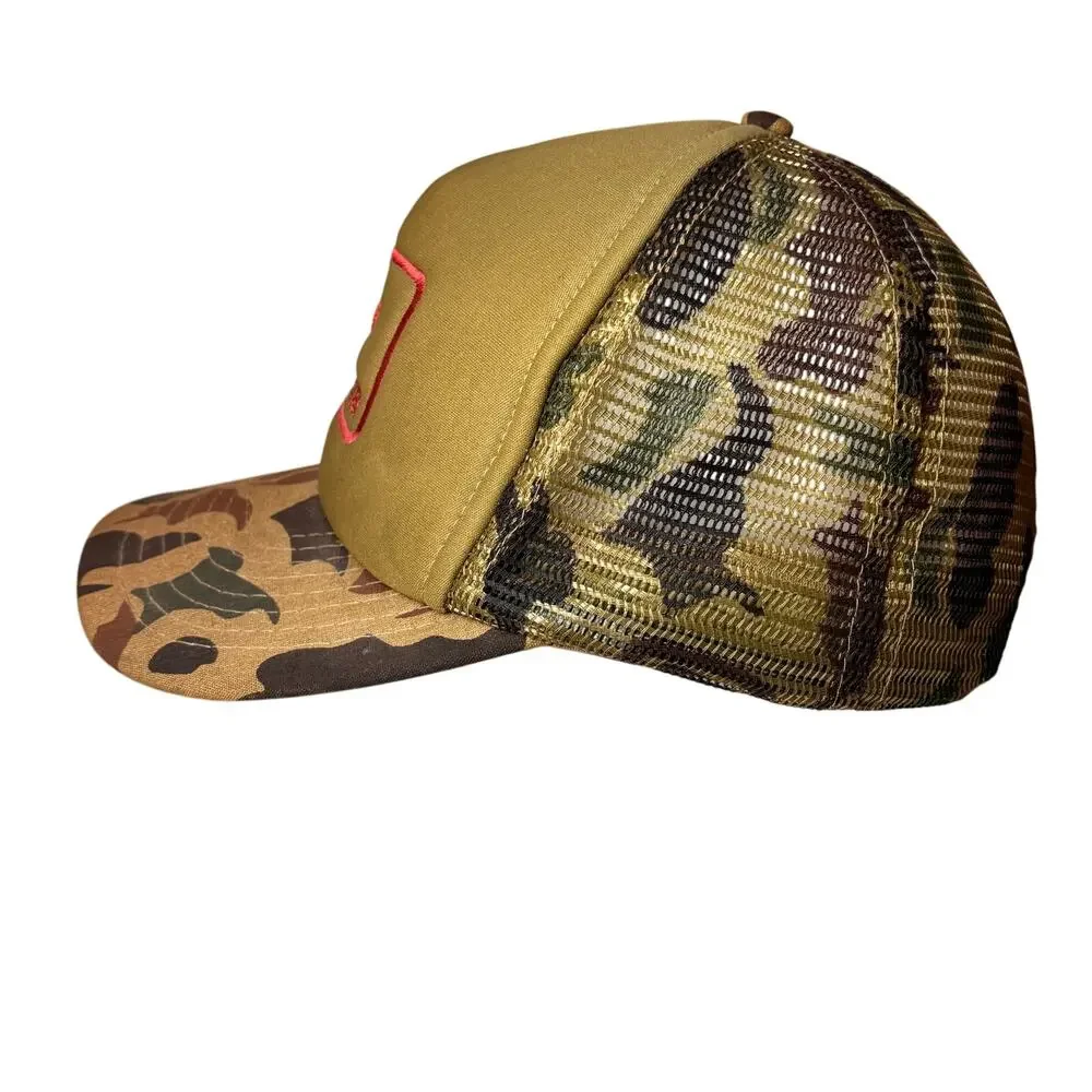 Vtg 80s WINCHESTER Camouflage Trucker Hat Embroidered Green Mesh Snapback Cap